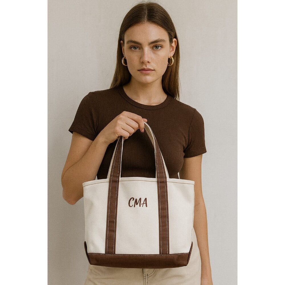 L.L.Bean Boat and Tote Canvas Bag Small White Brown Monogram CMA Made in USA
